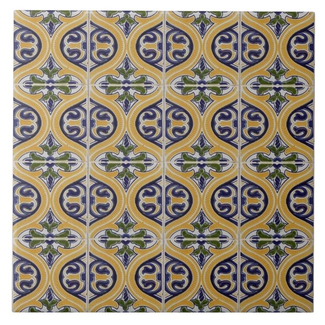Repro Spanish Geometric Azulejos Blue Yellow Tile (Front)