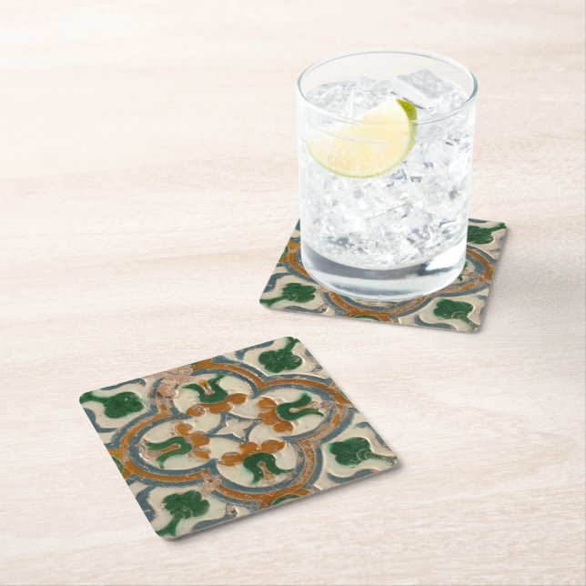 Repro Spanish Geometric Azulejos Floral Square Paper Coaster (Insitu)
