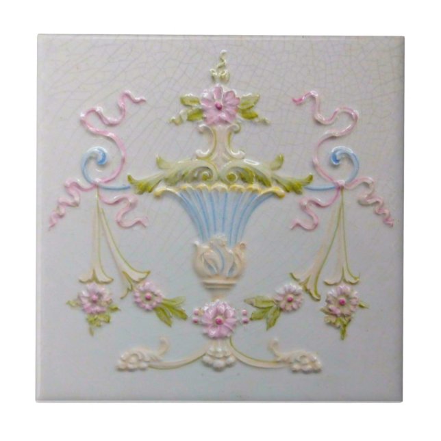 Repro Sweet Victorian Pastel Urn Flowers Majolica Tile (Front)