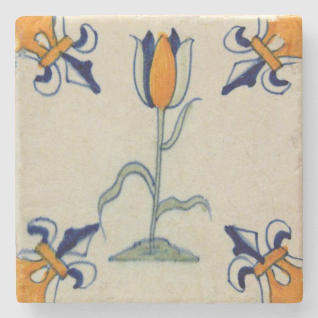 Repro Traditional Yellow Tulip Delft Tile Stone Coaster (Front)
