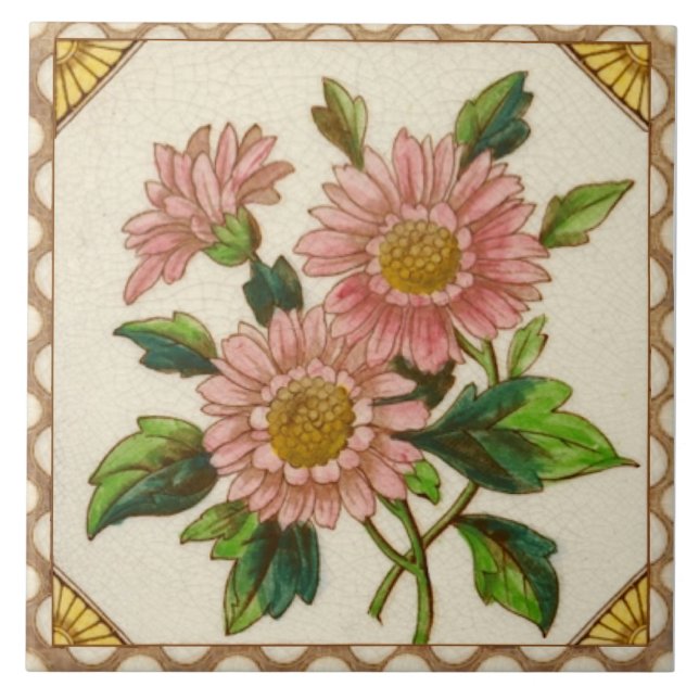 Repro Victorian Pink Daisies Hand Colored Transfer Tile (Front)