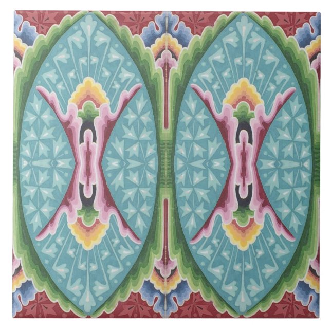 Repro Vintage Geometric Colorful Rainbow Floral Tile (Front)