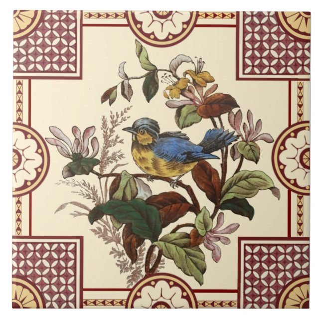 Reproduction Victorian Aesthetic Bird & Flowers Tile (Front)