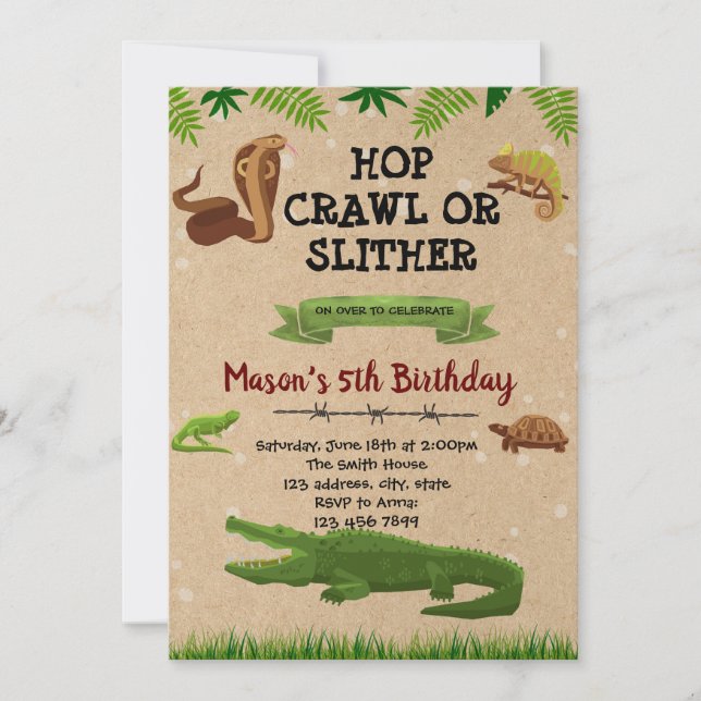 Reptile birthday theme party invitation (Front)