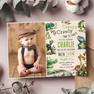 Reptile Kids 1st Birthday Photo Invitation