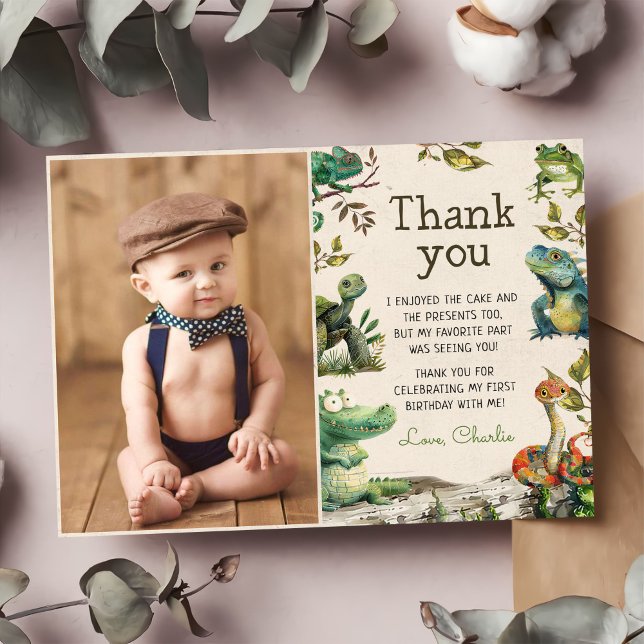 Reptile Kids 1st Birthday Photo Thank You Card (Creator Uploaded)