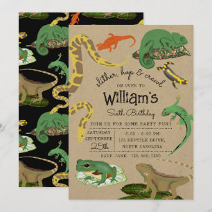 Reptile, Lizards & Amphibians Kids Birthday Kraft Invitation