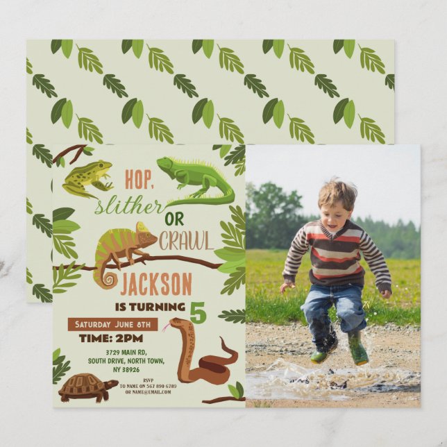 Reptiles Snake Birthday Party Photo Frogs Iguana Invitation (Front/Back)