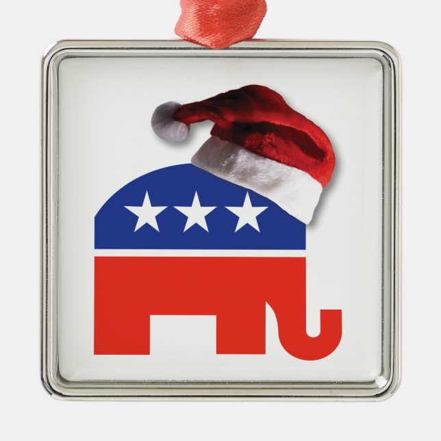 Republican Elephant Wearing a Santa Claus Hat Metal Tree Decoration (Front)