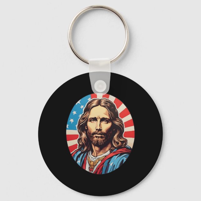 Republican Jesus – Bold Pop Art With American Flag Key Ring (Front)
