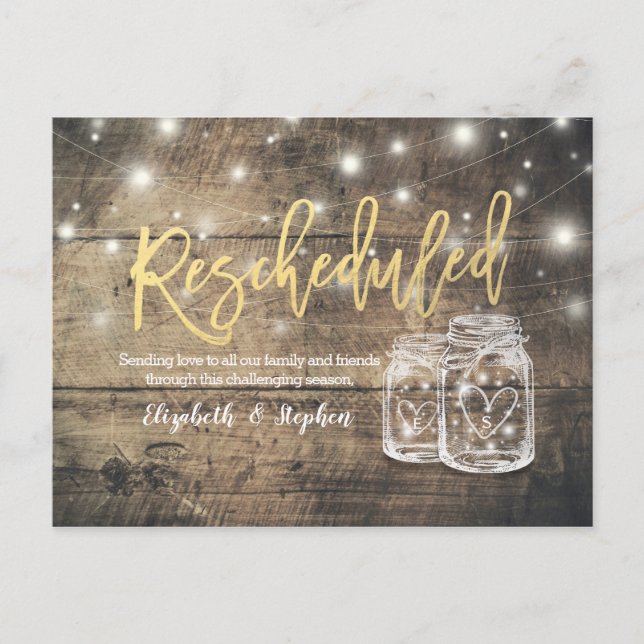 Rescheduled Wedding Postponement Mason Jars Wood Announcement Postcard (Front)
