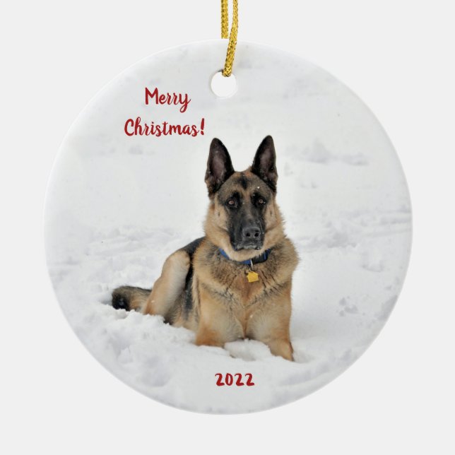 Rescue German Shepherd Dog in Winter Snow Ceramic  Ceramic Tree Decoration (Front)