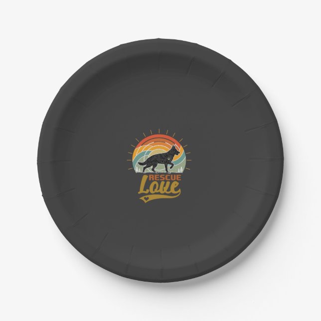 Rescue Love Dog Retro Sunset Trees Paper Plate (Front)