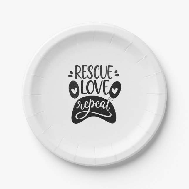 Rescue Love Repeat Dog Paw Tee Paper Plate (Front)