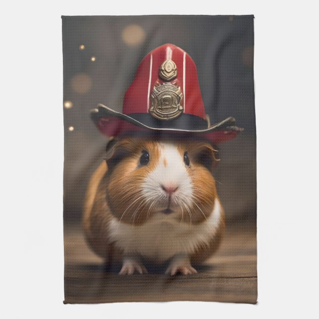 Rescue Ready: Guinea Pig in a Fireman's Hat, Tea Towel (Vertical)