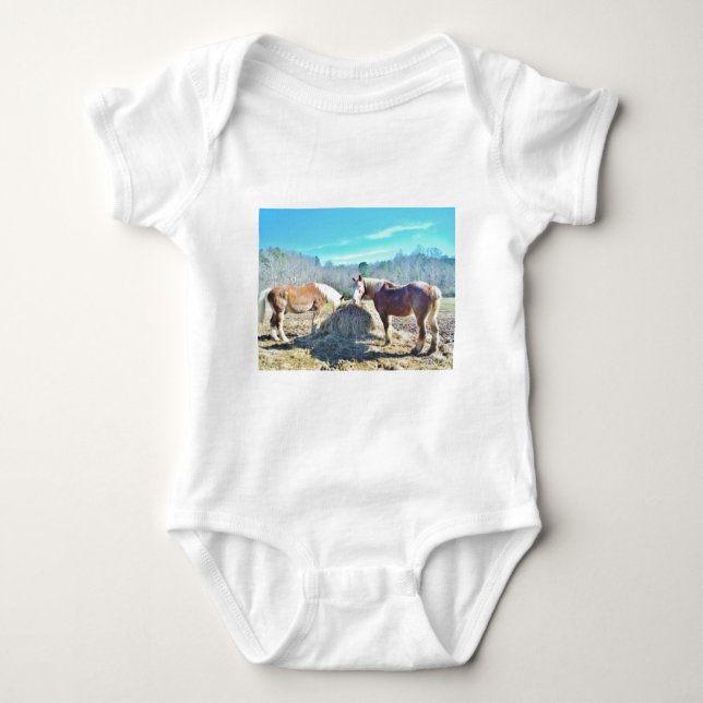 Rescued Draught Horses eating hay Baby Bodysuit (Front)