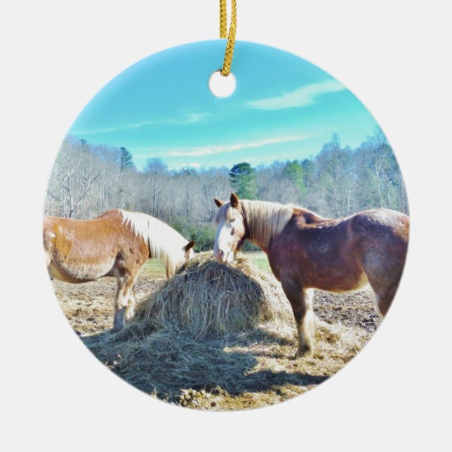 Rescued Draught Horses eating hay Ceramic Tree Decoration (Front)