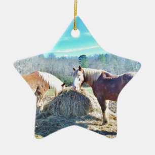 Rescued Draught Horses eating hay Ceramic Tree Decoration