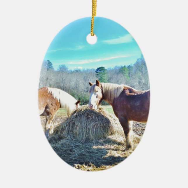 Rescued Draught Horses eating hay Ceramic Tree Decoration (Front)