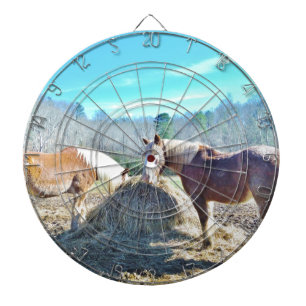 Rescued Draught Horses eating hay Dartboard