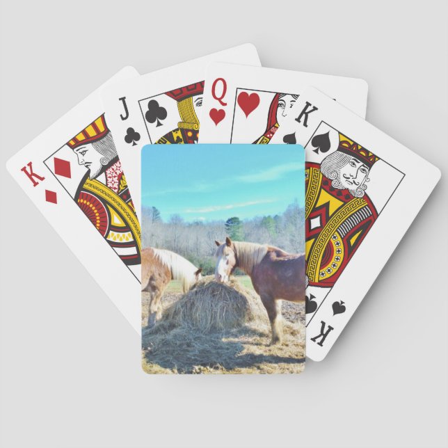 Rescued Draught Horses eating hay Playing Cards (Back)