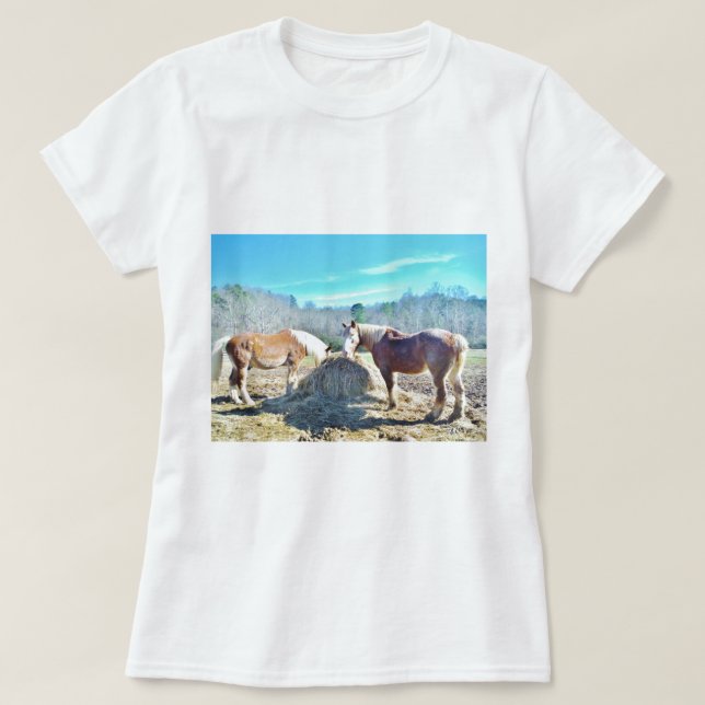 Rescued Draught Horses eating hay T-Shirt (Design Front)
