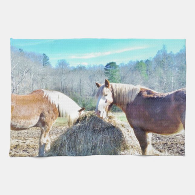 Rescued Draught Horses eating hay Tea Towel (Horizontal)
