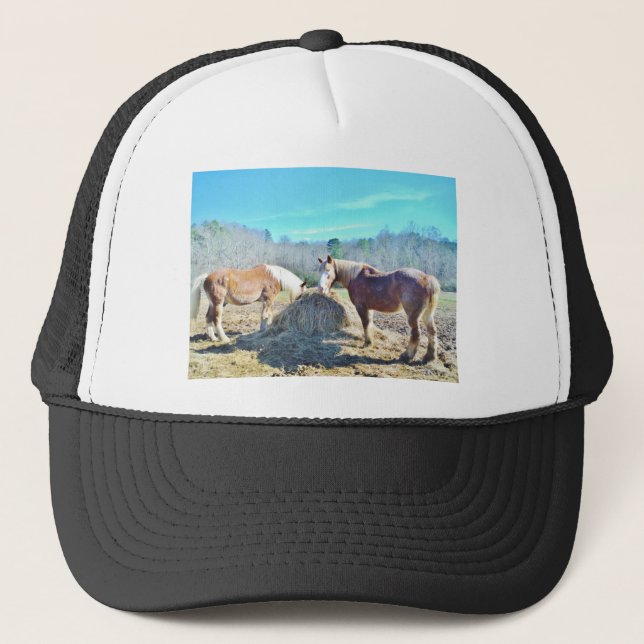 Rescued Draught Horses eating hay Trucker Hat (Front)