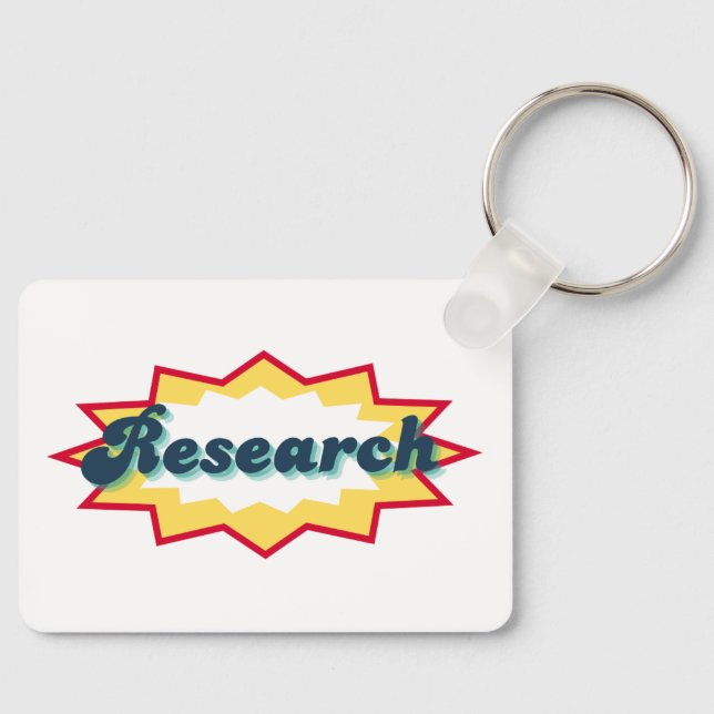 Research, comic book pop design key ring (Front)