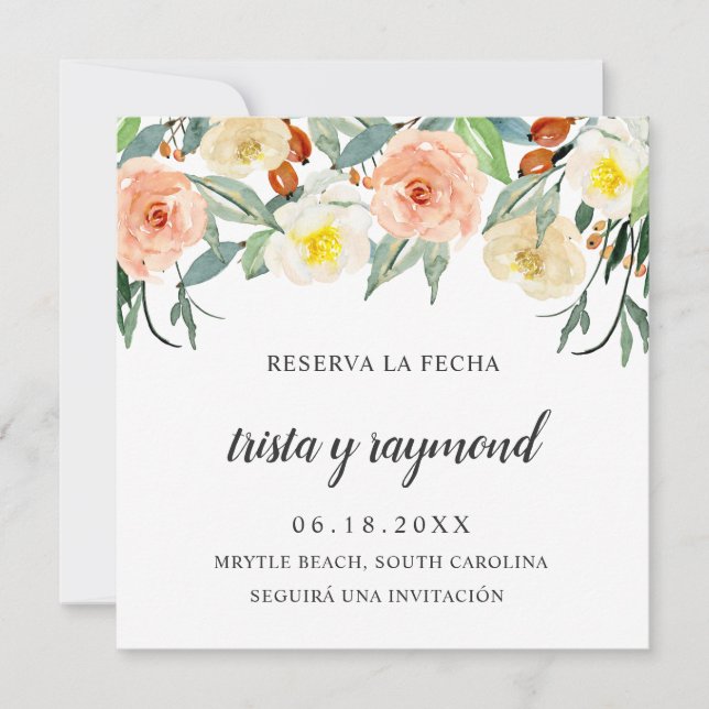 Reserva La Fecha Peach Floral Botanical Spanish Save The Date (Front)