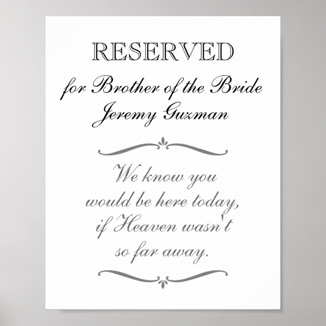 Reserved For Brother of the Bride Memorial Wedding Poster (Front)