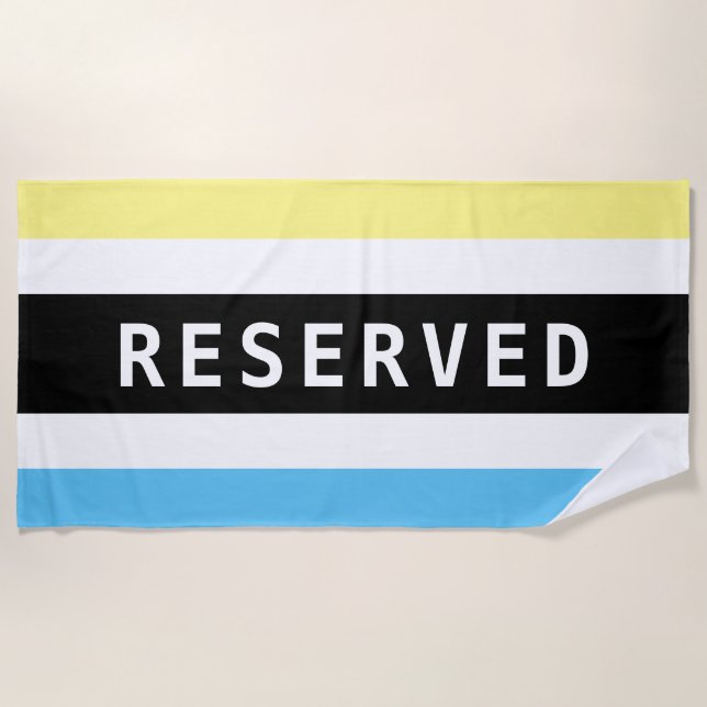 RESERVED, White Text, Blue Yellow Wh/Blk Stripes Beach Towel (Front)