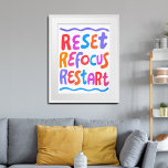 RESET REFOCUS RESTART Colourful Fun Bubble Letters Poster<br><div class="desc">Hand made art for you! Add your own text, change background colour too. Select the print size using the drop down menu above, and you can click the “edit design” button to customise the artwork to fit any size paper. Purchase a simple poster or a fully framed and matted version!...</div>