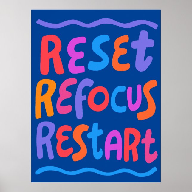 RESET REFOCUS RESTART Colourful Fun Bubble Letters Poster (Front)