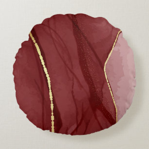 Resin art, dark red marsala abstract background. E Round Cushion
