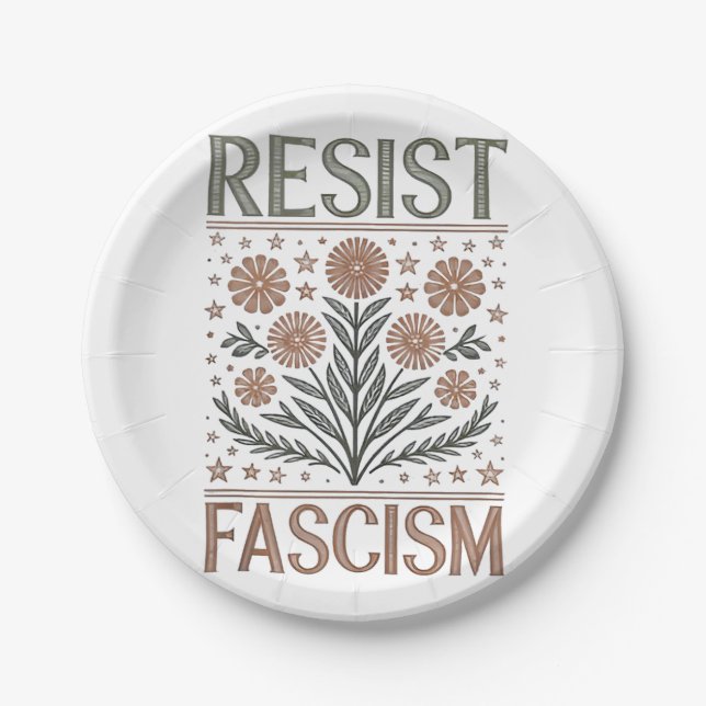 Resist Fascism Floral Transgender LGBTQ Anti-Trump Paper Plate (Front)