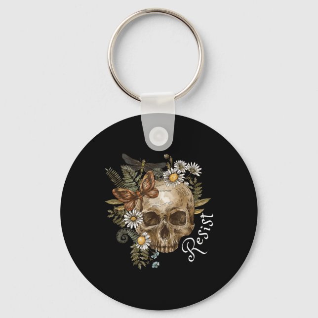 Resist Subtle Anti Trump Skull Floral Botanical Key Ring (Front)