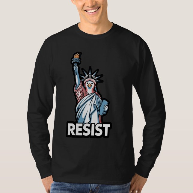 Resist Tariffs Penguin Protest Statue of Liberty F T-Shirt (Front)
