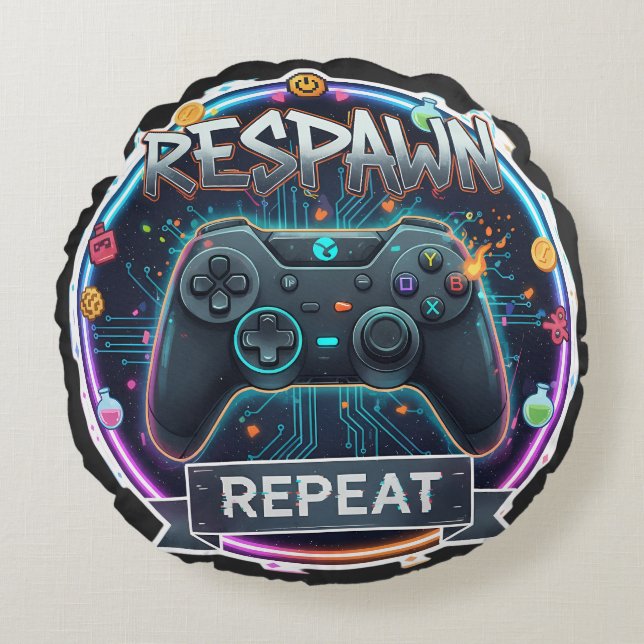 Respawn and Repeat Gamer Controller Round Cushion (Front)