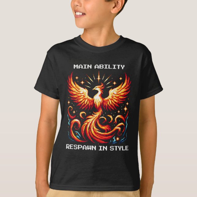 Respawn In Style Phoenix Pixel Revival Gamer Art  T-Shirt (Front)