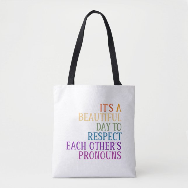 Respect each other's pronouns rainbow flag lgbtqa+ tote bag (Front)