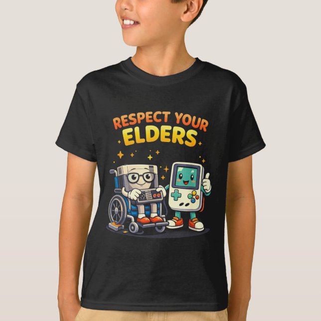 Respect elders retro gaming funny gamer controller T-Shirt (Front)