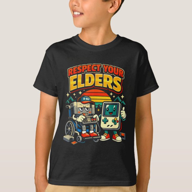 Respect elders retro gaming funny gamer controller T-Shirt (Front)