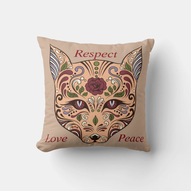 Respect Love Peace Sugar Skull Wolf Mauve Pillow (Front)