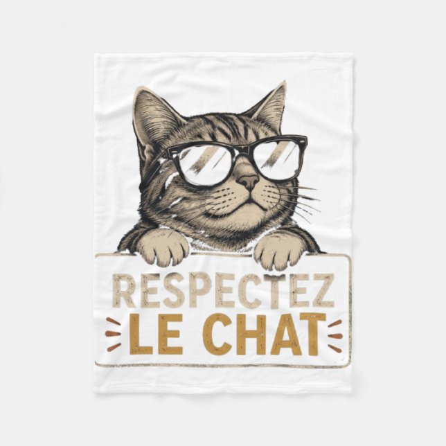 Respect the Cat – Bespectacled Cat Illustration Fleece Blanket (Front)