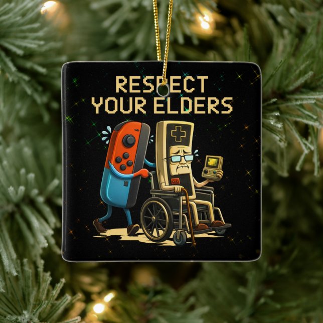 Respect Your Elders Gaming Control Retro Funny Ceramic Ornament (Tree)