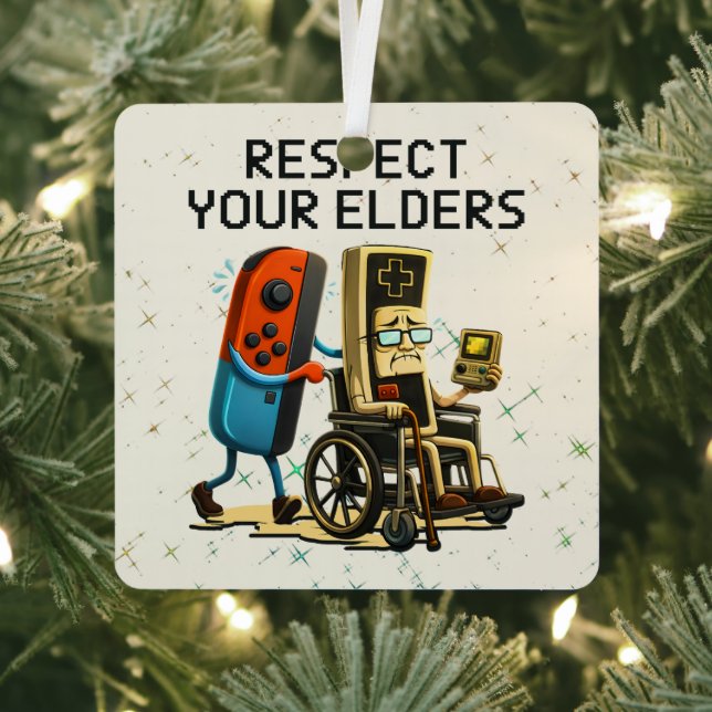 Respect Your Elders Gaming Control Retro Funny Metal Tree Decoration (Insitu)