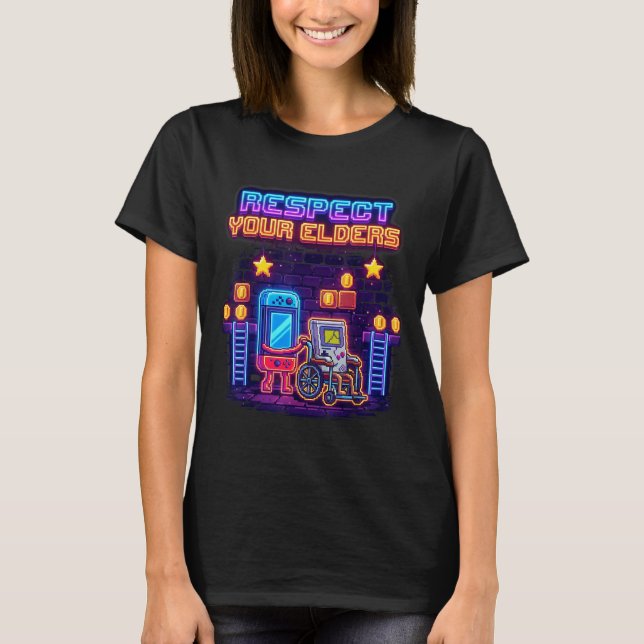 Respect Your Elders Retro Gaming Funny Gamer Contr T-Shirt (Front)