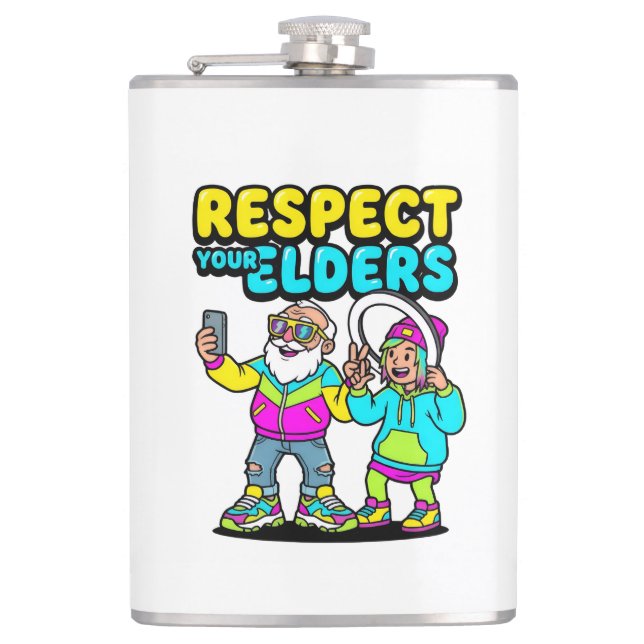 Respect Your Elders Selfie Grandpa Funny Gen Z Hip Flask (Front)