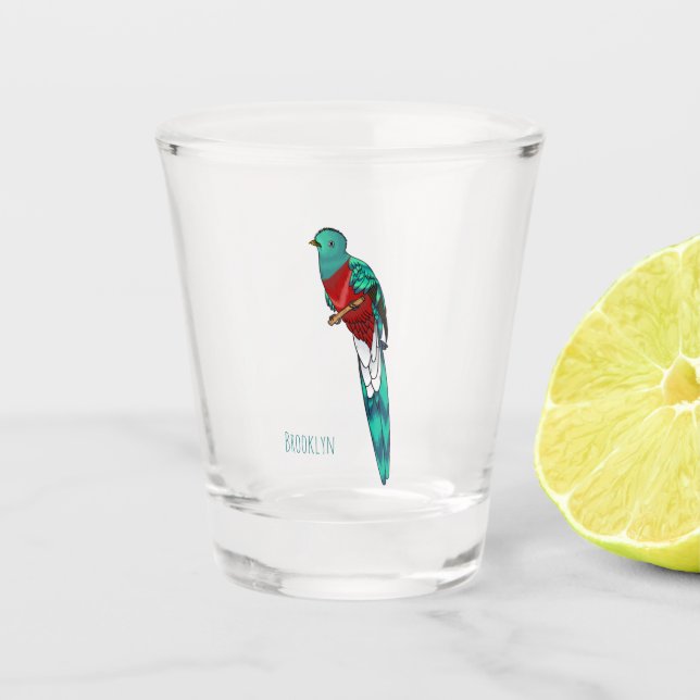 Resplendent quetzal bird cartoon illustration  shot glass (Front)